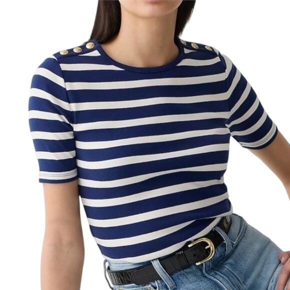J.Crew Women Perfect-fit elbow-sleeve T-shirt in stripe with gold buttons Size L - Picture 1 of 11